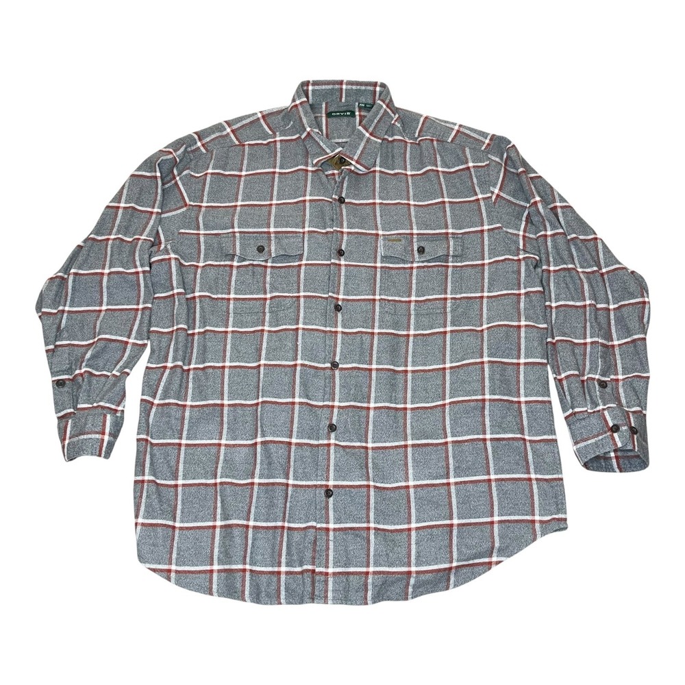 Orvis Mens XXL Grey Plaid Flannel Button Down Shirt 100% Cotton‎ 2JFN F/2019